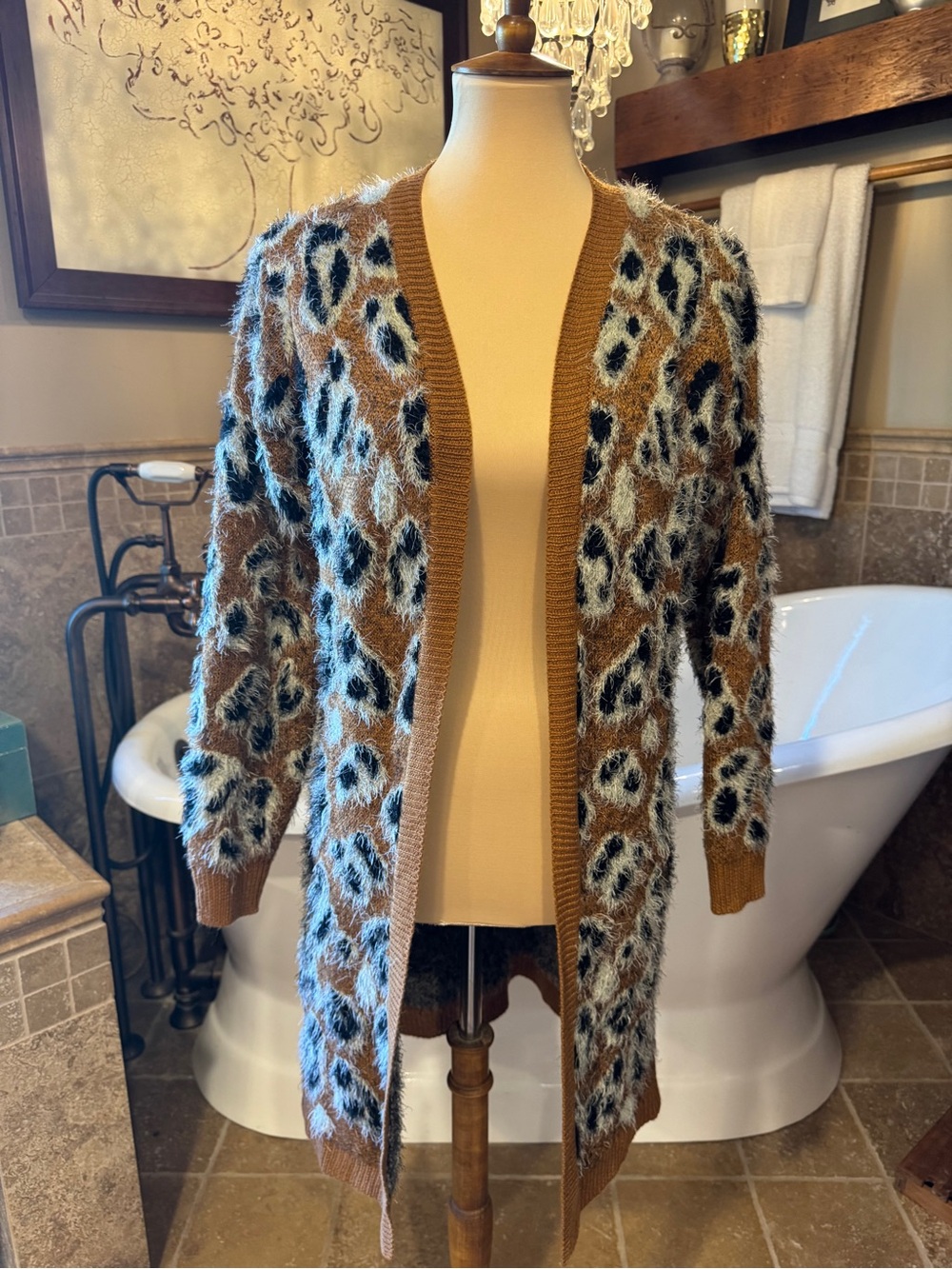 Daytrip Fuzzy Leopard-Print Open Cardigan in Brown Multi small